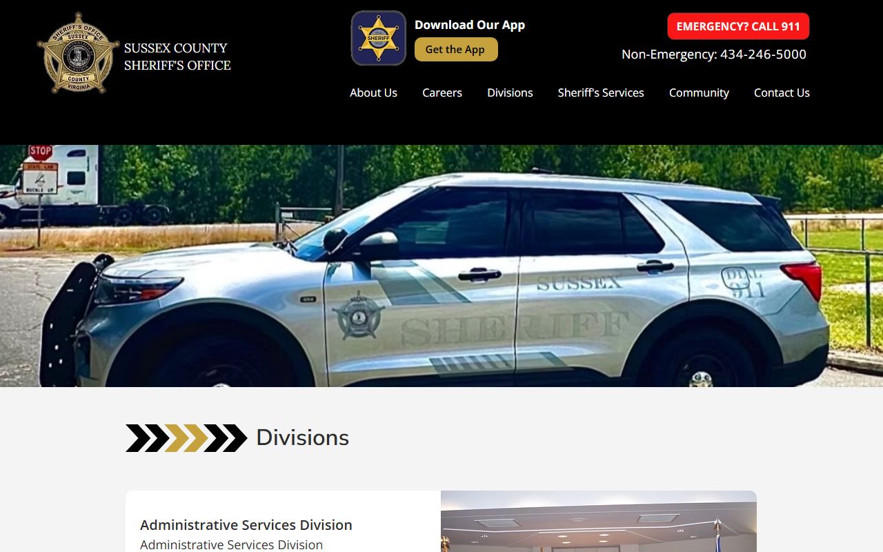 Sussex County Sheriff's Office divisions page showing Jail Division duties