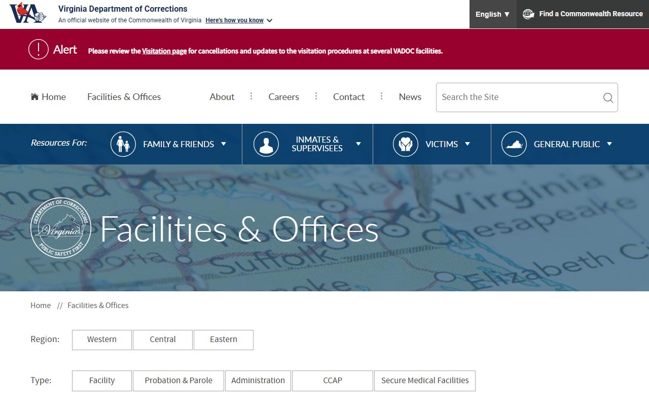 VADOC facility directory for Sussex County state prison lookup