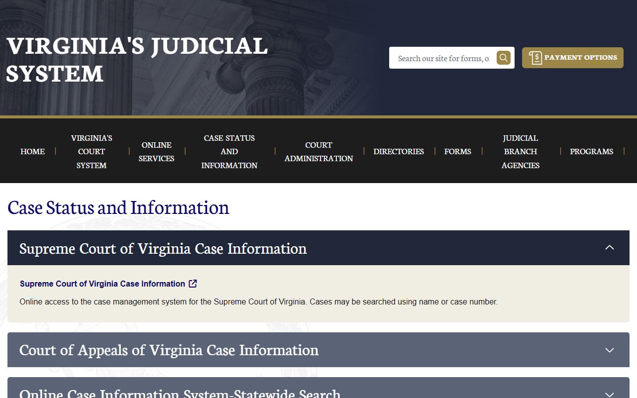 Virginia judicial case status page showing available court case systems