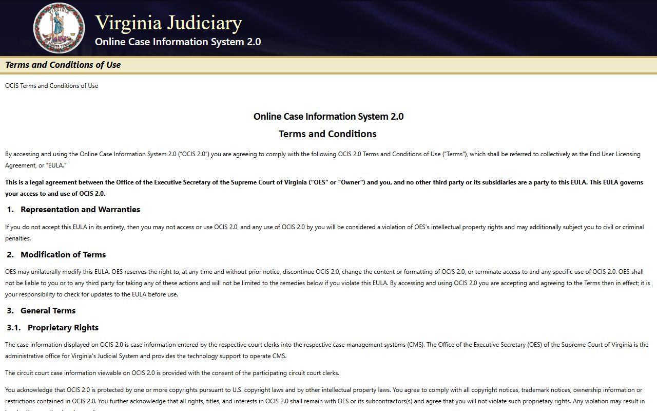 Virginia Online Case Information System statewide search landing page